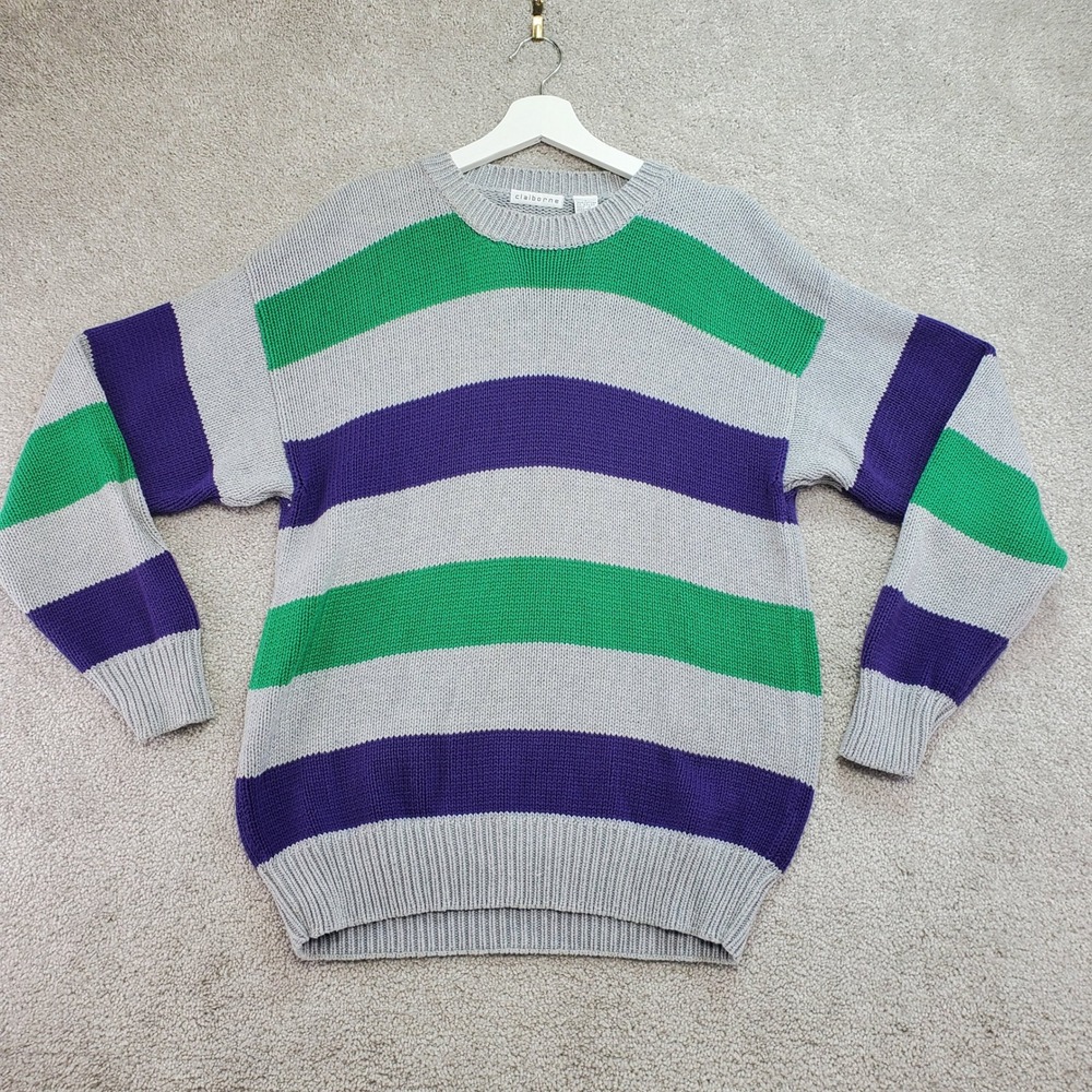 Claiborne Vintage Mens Striped Crew Neck Sweater Size L Gray Purple Green Chunky